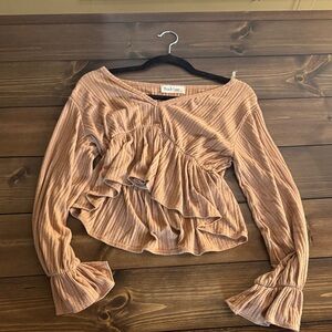 Peach Love California Women's Ruffled Blouse in Tan